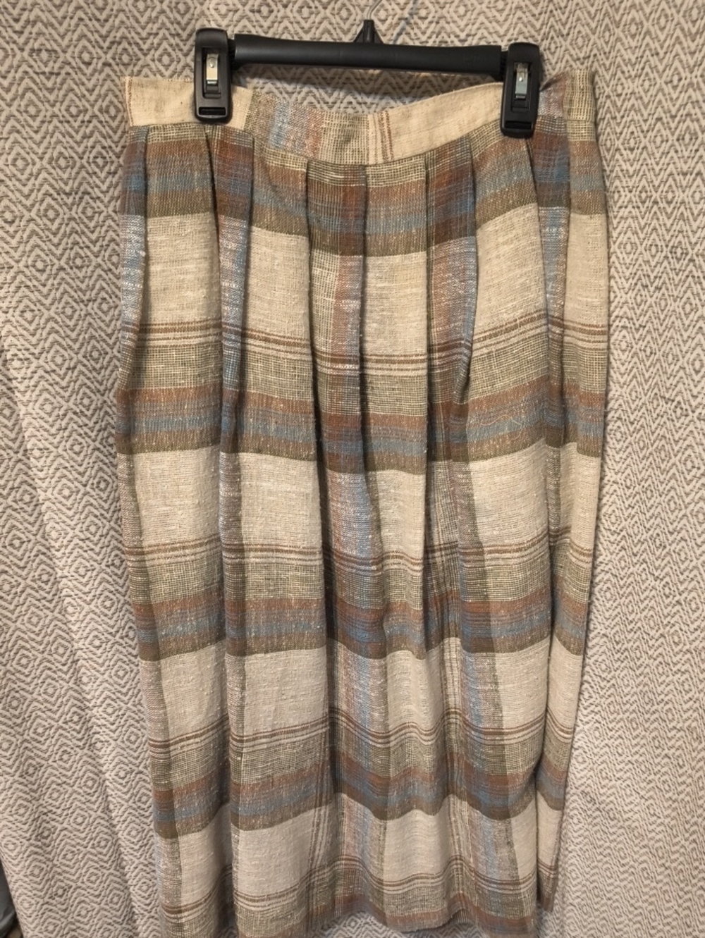 Beige Plaid Midi Skirt with Blue & Brown Stripes